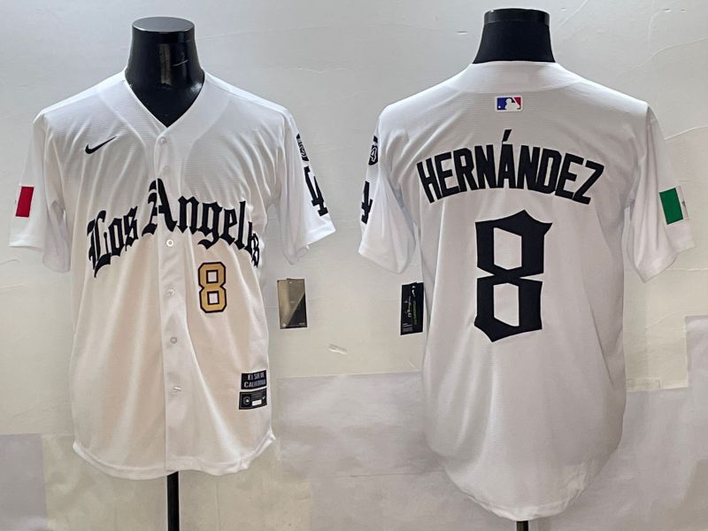 Men Los Angeles Dodgers 8 Hernandez White Five generations Joint Name 2025 Nike MLB Jersey style 4